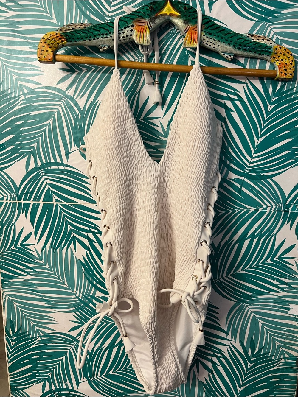 Victoria's Secret Ensenada White One-Piece textured smocked w/ laceup Swimsuit